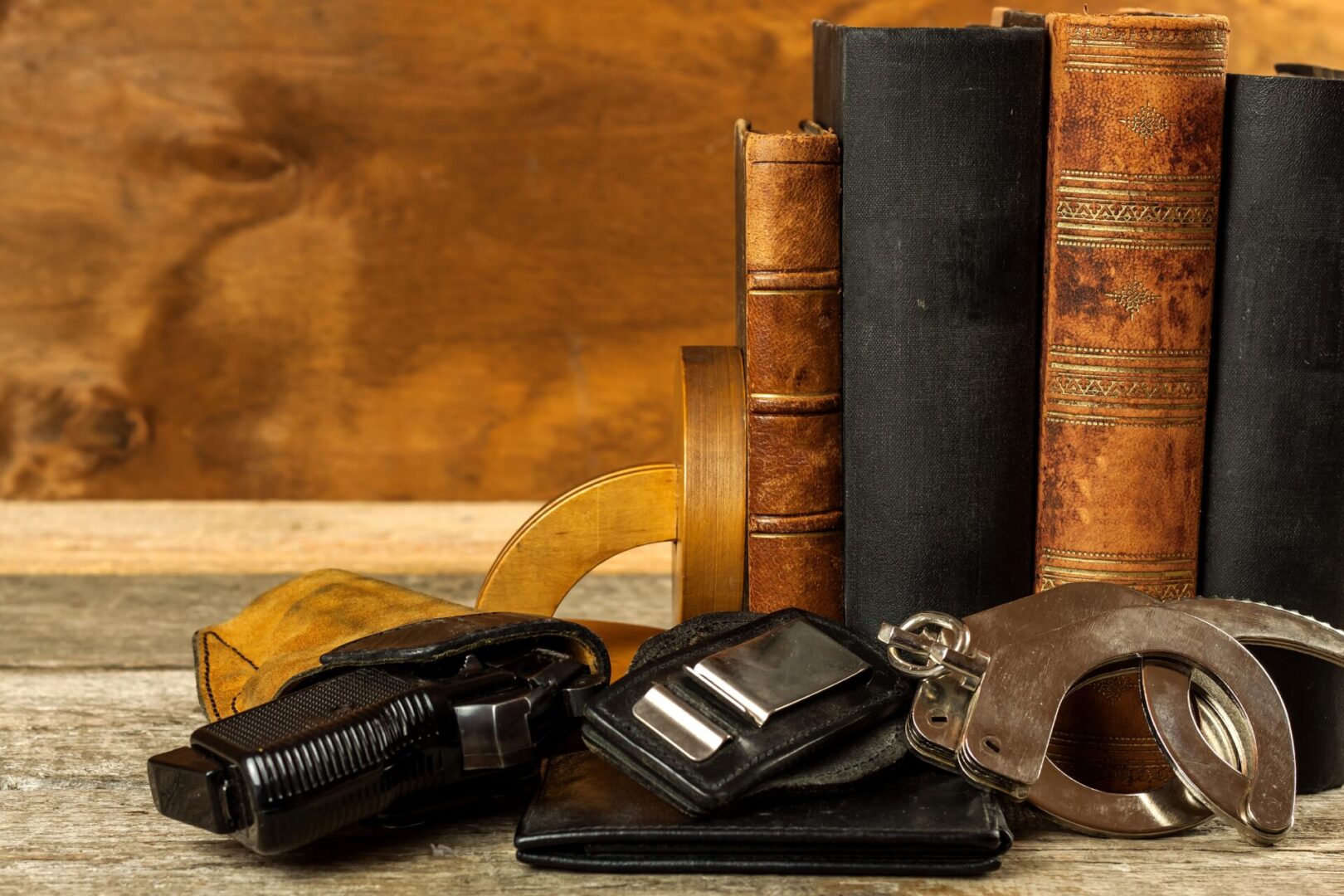 Vintage books with handcuffs and flashlight