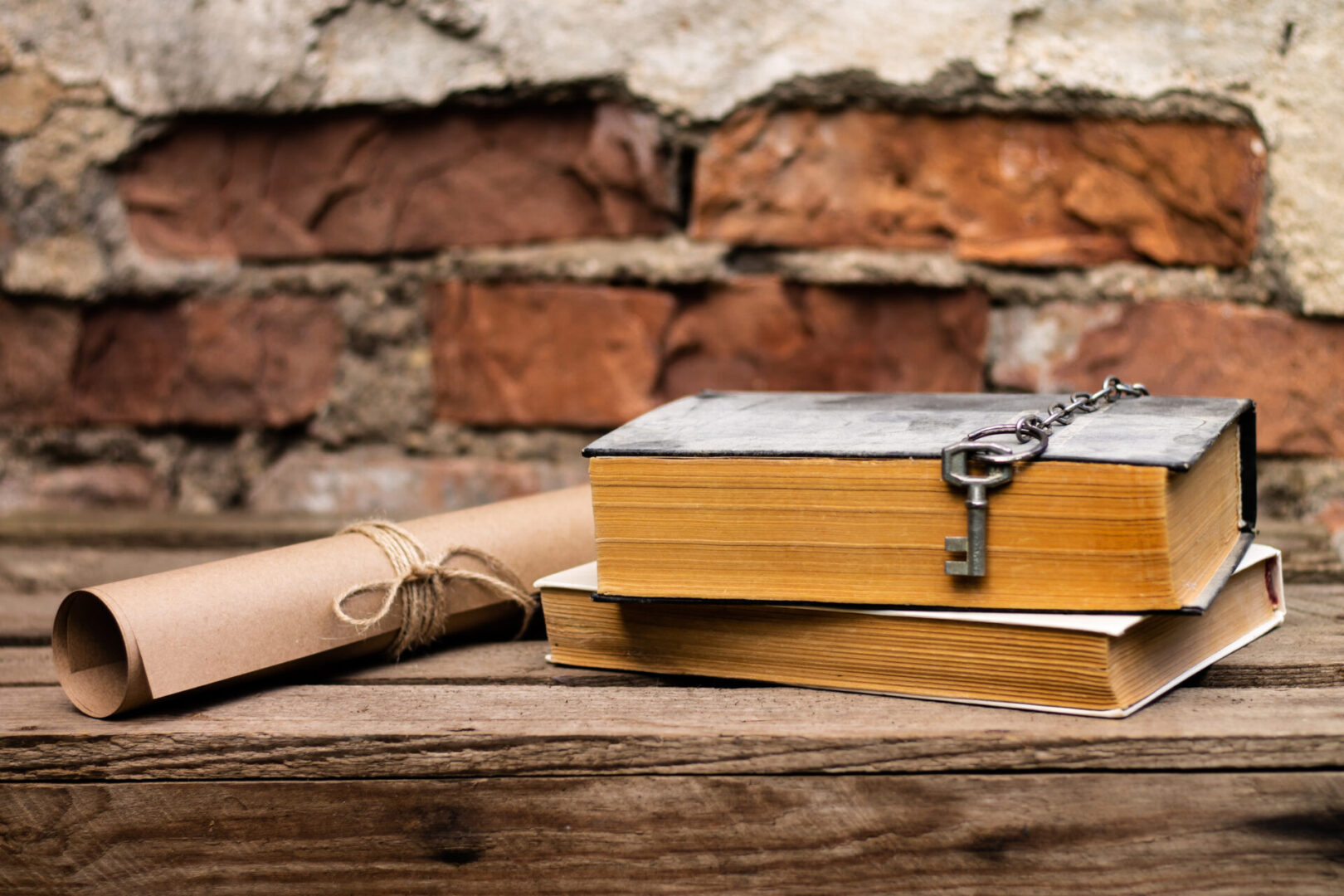 Vintage books with scroll and key